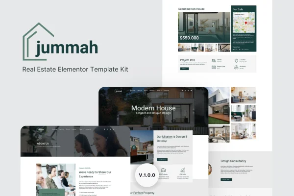 Jummah real estate Elementor template kit cover showing property website page layouts