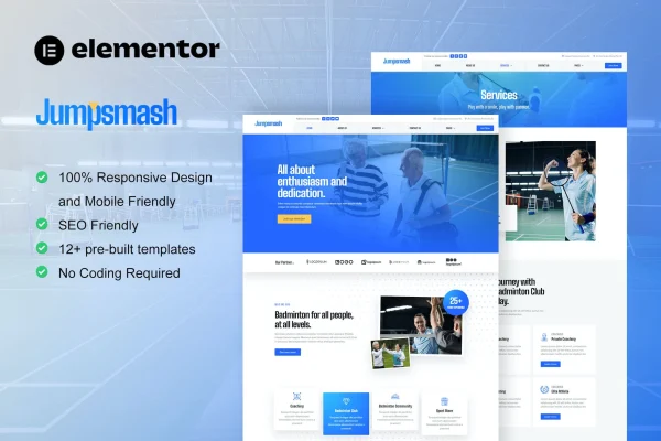 JumpSmash badminton club Elementor template kit preview