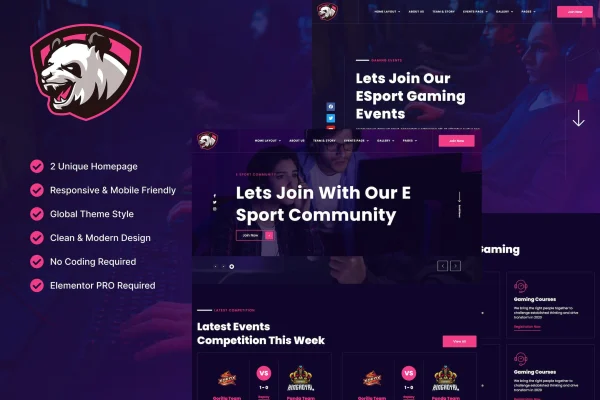 Junio e-sport gaming events and streamer Elementor template kit cover
