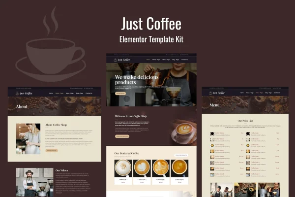 Justcoffee cafe and coffee Elementor template kit preview