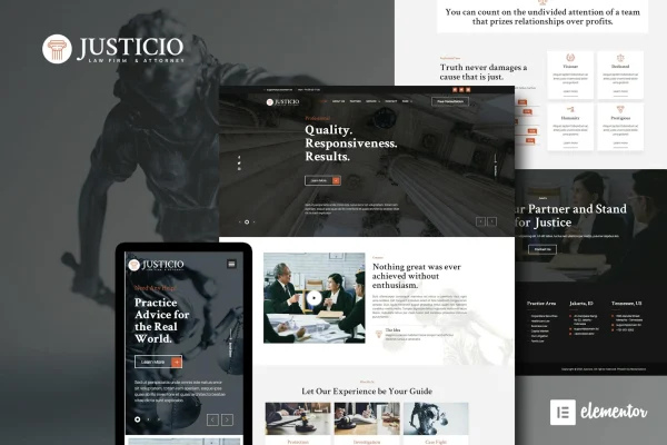 Justicio law firm and attorney Elementor template kit preview