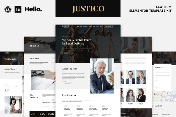 JUSTICO law firm Elementor template kit preview showing website page layouts