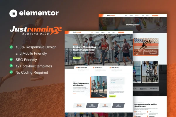 JustRunnin running club and marathon Elementor template kit preview