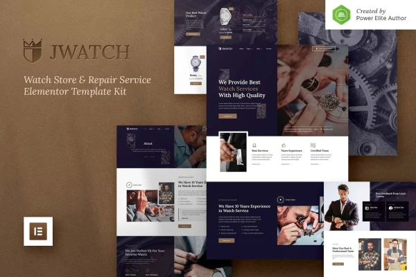 JWatch Elementor template kit preview showing watch store and repair service page layouts