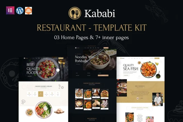 Kababi restaurant Elementor template kit preview showing homepage layouts