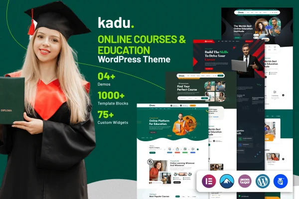 Kadu education WordPress theme preview with school and course page layouts