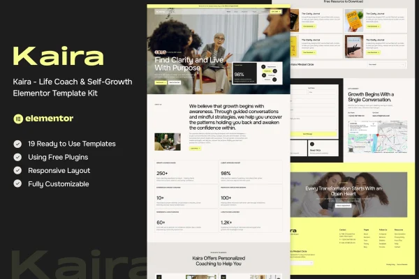 Kaira life coach and self-growth Elementor template kit preview