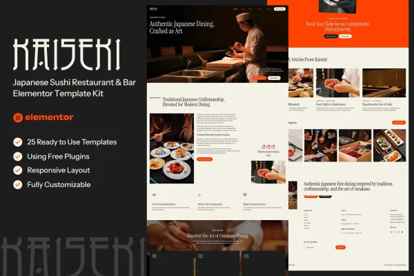 Kaiseki Japanese sushi restaurant and bar Elementor template kit preview