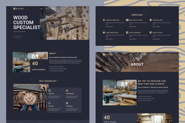 Kajuh carpenter Elementor template kit preview with woodworking-themed page layouts