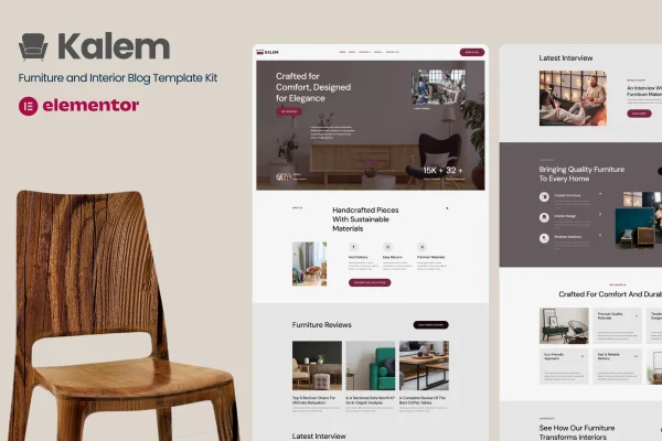 Kalem furniture and interior design blog Elementor template kit preview