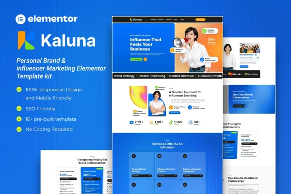 Kaluna personal brand and influencer Elementor template kit preview