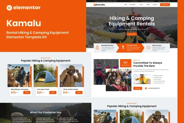 Kamalu hiking and camping equipment rental Elementor template kit preview