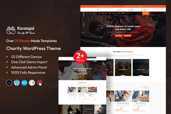 Karangal charity WordPress theme preview with donation and project sections