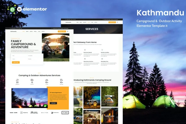 Kathmandu campground and outdoor activity Elementor template kit preview