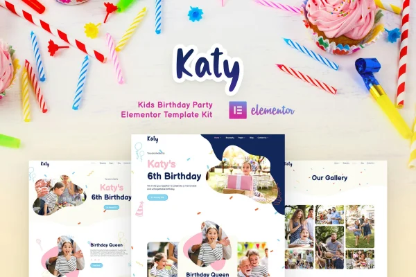 Katy kids birthday party Elementor template kit preview with colorful page layouts
