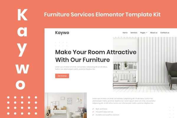 Kaywo furniture services Elementor template kit cover showing website page layouts