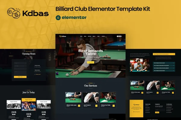 Kdbas billiard club Elementor template kit cover showing page layouts