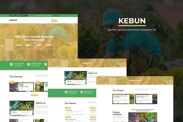 Kebun garden service Elementor template kit cover showing website page layouts