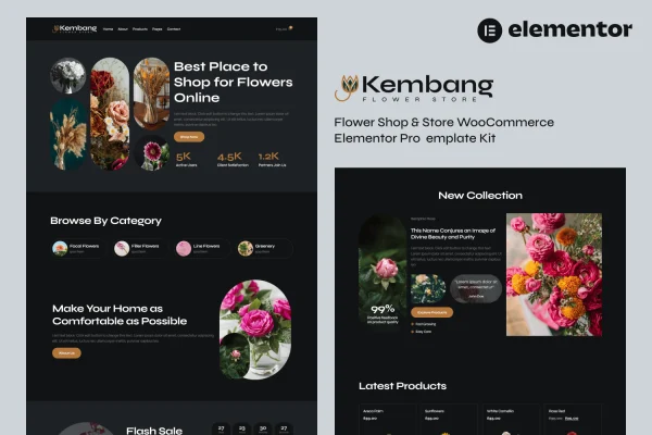 Kembang flower shop Elementor template kit preview with floral store page layouts