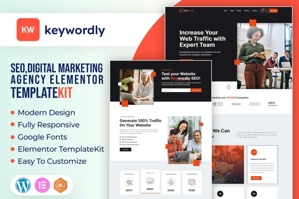 Keywordly digital marketing agency Elementor template kit preview