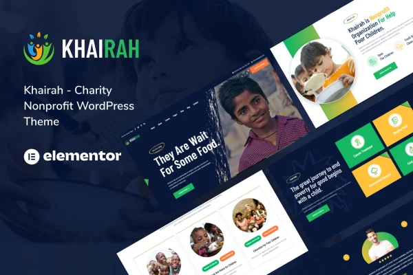 Khairah charity WordPress theme preview with donation and event sections