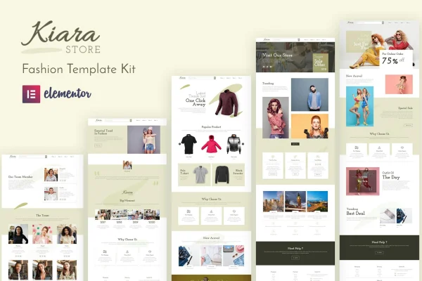 Kiara fashion Elementor template kit cover showing page layouts