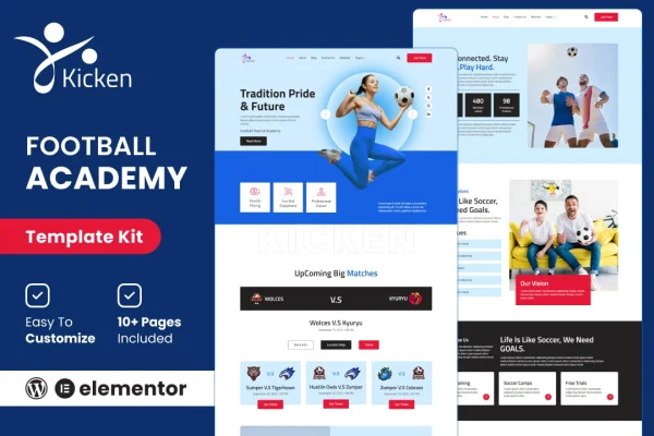 Kicken football and sports academy Elementor template kit preview