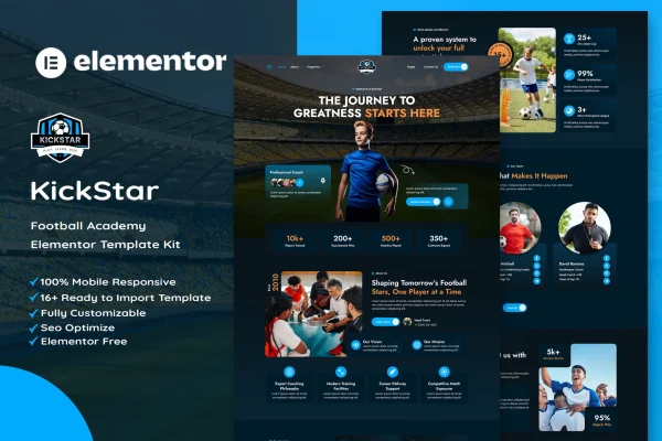 Kickstar football academy Elementor template kit cover image