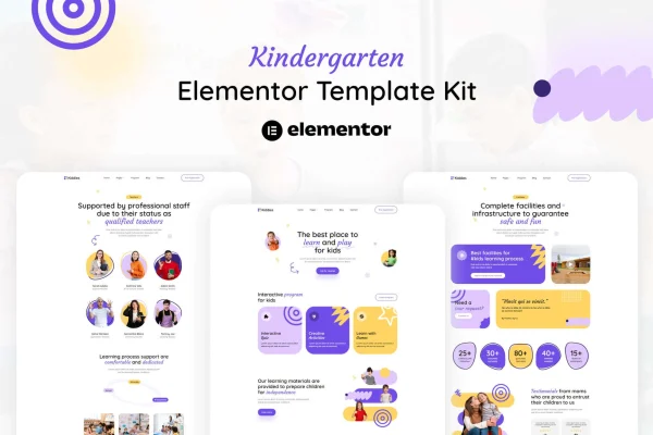 Kiddies kindergarten Elementor template kit preview with colorful page layouts