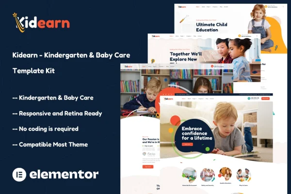 Kidearn kindergarten and baby care Elementor template kit preview