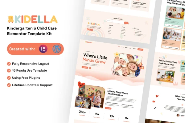 Kidella kindergarten and child care Elementor template kit preview