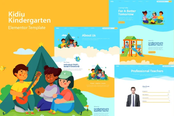Kidiu Kindergarten Elementor template kit preview with colorful cartoon child care page designs