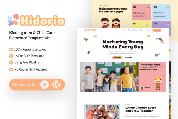 Kidoria kindergarten and child care Elementor template kit preview