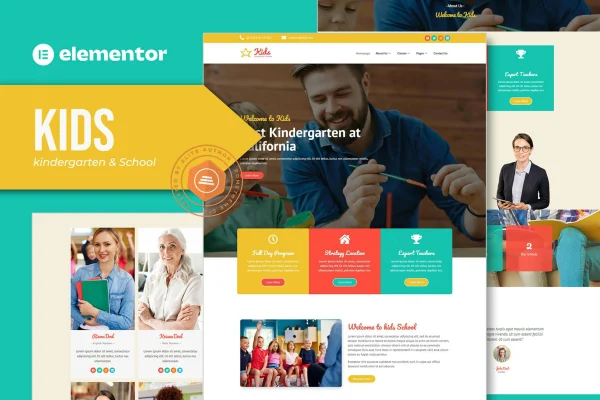 Kids kindergarten and child care Elementor template kit preview