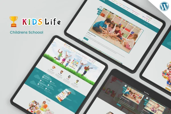 Kids Life children school WordPress theme preview with colorful illustrations