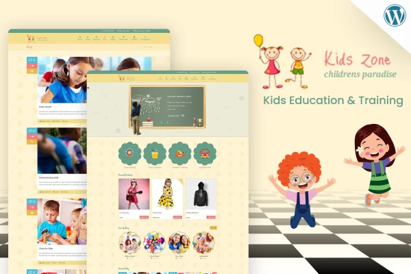Kids Zone children's WordPress theme preview with colorful, playful page layouts