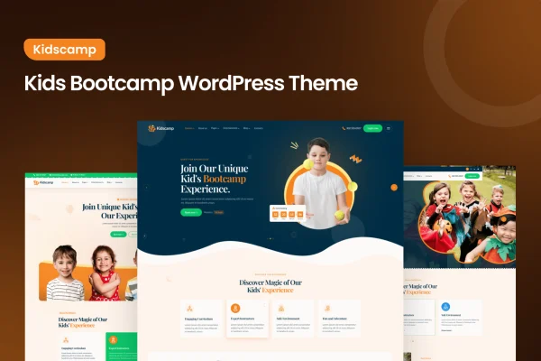Kidscamp kids bootcamp WordPress theme preview with colorful playful layout