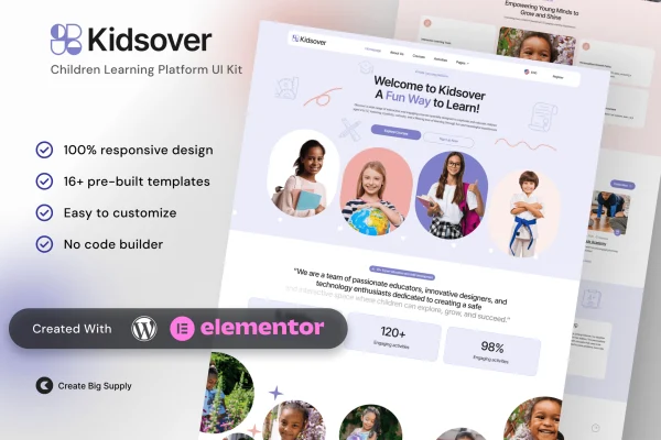 Kidsover children's learning platform Elementor template kit preview with colorful page layouts
