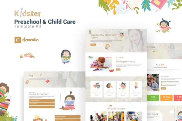 Kidster preschool and childcare Elementor template kit cover with playful illustrations