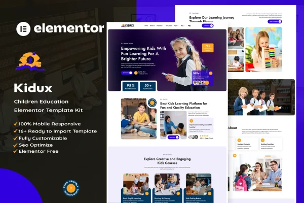 Kidux children education Elementor template kit preview with colorful, playful page layouts