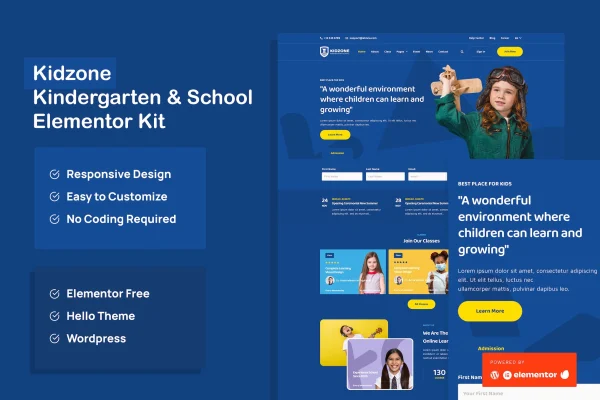 Kidzone kindergarten and school Elementor template kit preview with colorful child-friendly page layouts