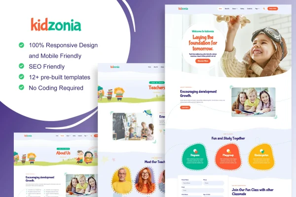 Kidzonia kindergarten and child care Elementor template kit preview