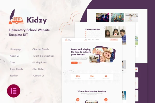 Kidzy elementary school Elementor template kit preview with colorful child-friendly page layouts