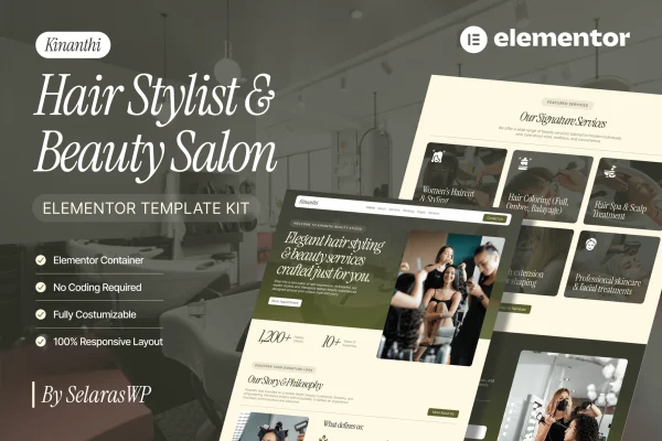 Kinanthi hair stylist and beauty salon Elementor template kit preview