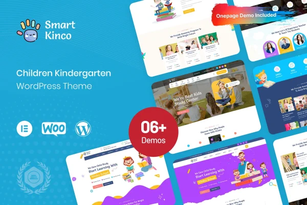 Kinco kindergarten WordPress theme preview with colorful, playful page layouts