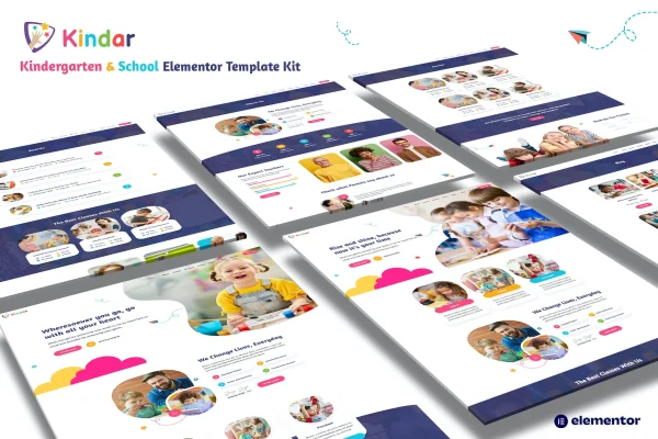Kindar kindergarten and school Elementor template kit preview with colorful child-friendly page layouts
