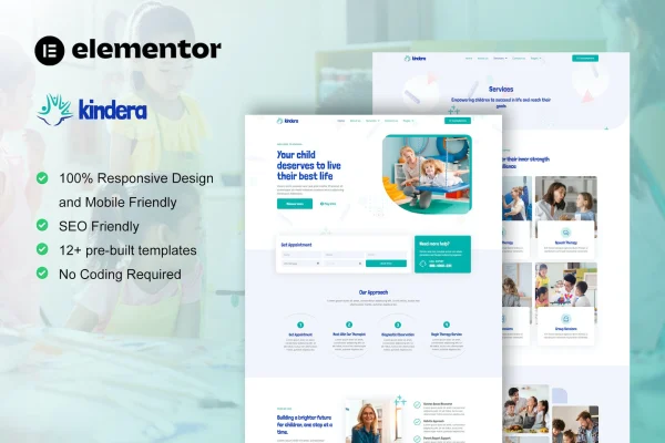 Kindera child therapist and psychologist Elementor template kit preview