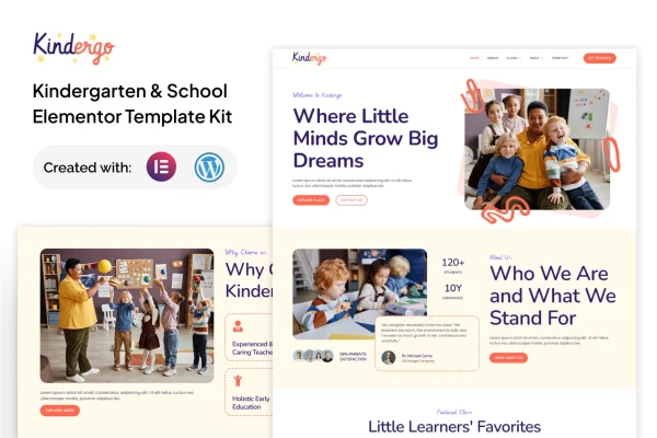 Kindergo Elementor template kit preview with colorful kindergarten website pages