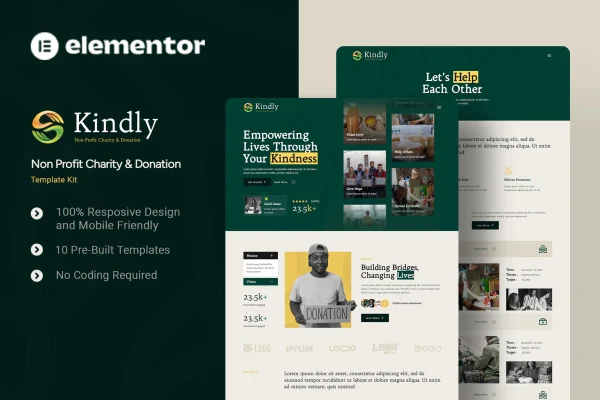 Kindly nonprofit charity Elementor template kit preview
