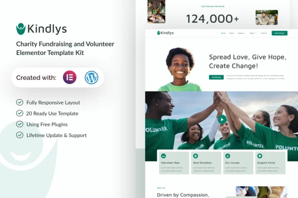 Kindlys charity fundraising and volunteer Elementor template kit preview